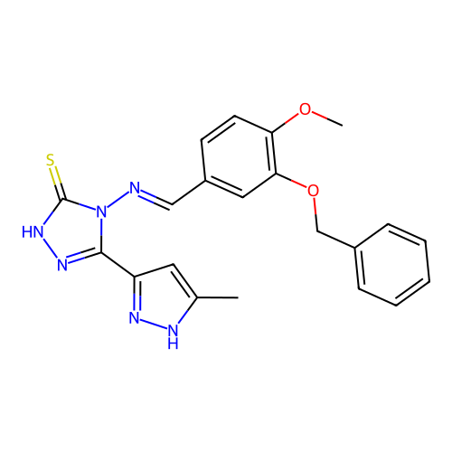 (E)-4-((3-(benzyloxy)-4-methoxybenzylidene)amino)-5-(3-methyl-1H-pyrazol-5-yl)-4H-1,2,4-triazole-3-thiol structure