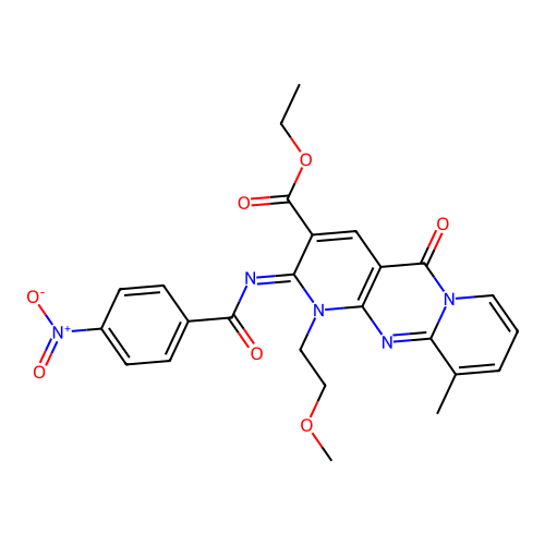 (Z)-ethyl 1-(2-methoxyethyl)-10-methyl-2-((4-nitrobenzoyl)imino)-5-oxo-2,5-dihydro-1H-dipyrido[1,2-a:2',3'-d]pyrimidine-3-carboxylate structure