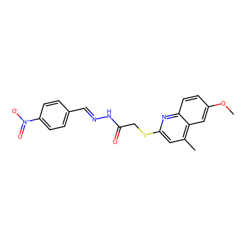 (E)-2-((6-methoxy-4-methylquinolin-2-yl)thio)-N'-(4-nitrobenzylidene)acetohydrazide structure