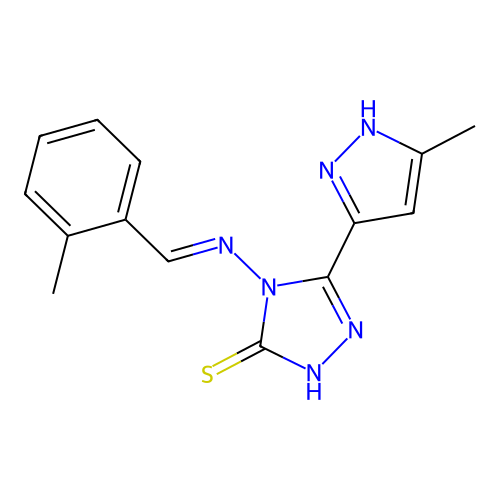 (E)-5-(3-methyl-1H-pyrazol-5-yl)-4-((2-methylbenzylidene)amino)-4H-1,2,4-triazole-3-thiol structure