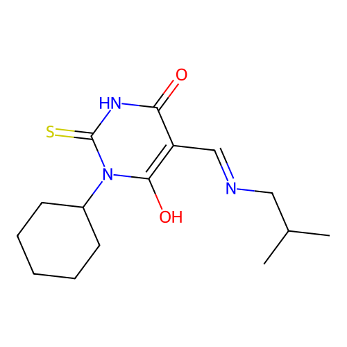 1-cyclohexyl-5-[(2-methylpropylamino)methylidene]-2-sulfanylidene-1,3-diazinane-4,6-dione structure