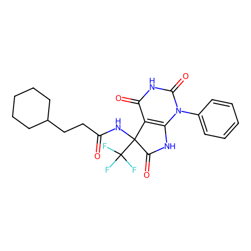 3-cyclohexyl-N-(2,4,6-trioxo-1-phenyl-5-(trifluoromethyl)-2,3,4,5,6,7-hexahydro-1H-pyrrolo[2,3-d]pyrimidin-5-yl)propanamide structure