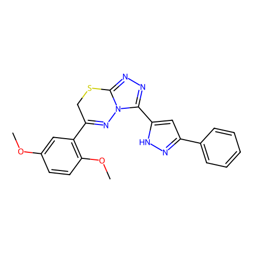 6-(2,5-dimethoxyphenyl)-3-(3-phenyl-1H-pyrazol-5-yl)-7H-[1,2,4]triazolo[3,4-b][1,3,4]thiadiazine structure