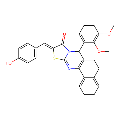 (Z)-7-(2,3-dimethoxyphenyl)-10-(4-hydroxybenzylidene)-7,10-dihydro-5H-benzo[h]thiazolo[2,3-b]quinazolin-9(6H)-one structure