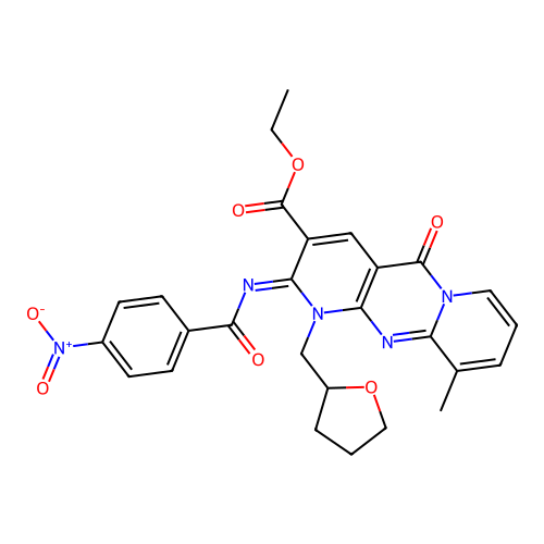 (Z)-ethyl 10-methyl-2-((4-nitrobenzoyl)imino)-5-oxo-1-((tetrahydrofuran-2-yl)methyl)-2,5-dihydro-1H-dipyrido[1,2-a:2',3'-d]pyrimidine-3-carboxylate structure