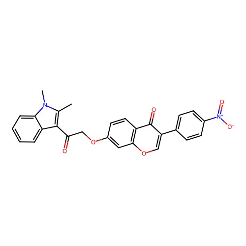 7-(2-(1,2-dimethyl-1H-indol-3-yl)-2-oxoethoxy)-3-(4-nitrophenyl)-4H-chromen-4-one structure
