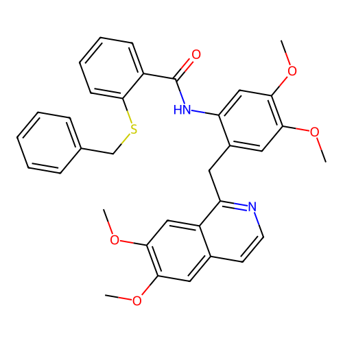 2-(benzylthio)-N-(2-((6,7-dimethoxyisoquinolin-1-yl)methyl)-4,5-dimethoxyphenyl)benzamide structure
