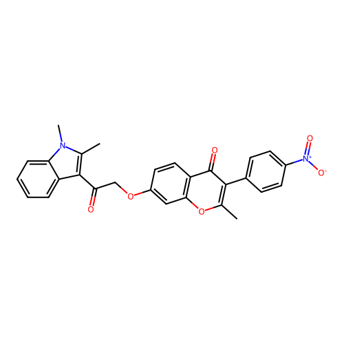 7-[2-(1,2-dimethylindol-3-yl)-2-oxo-ethoxy]-2-methyl-3-(4-nitrophenyl)chromen-4-one structure
