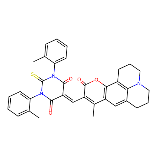 5-((9-methyl-11-oxo-2,3,5,6,7,11-hexahydro-1H-pyrano[2,3-f]pyrido[3,2,1-ij]quinolin-10-yl)methylene)-2-thioxo-1,3-di-o-tolyldihydropyrimidine-4,6(1H,5H)-dione structure