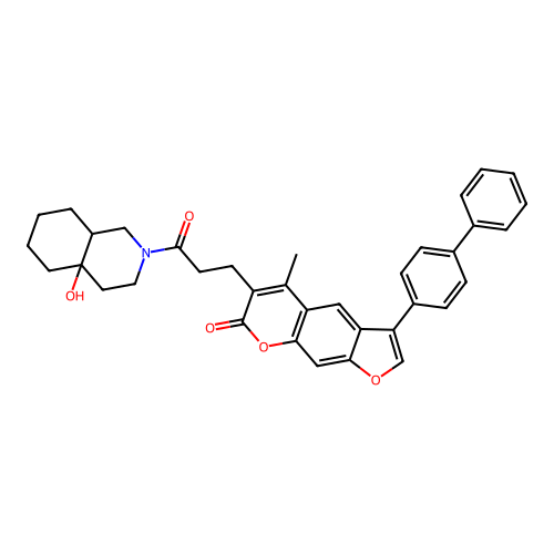 3-([1,1'-biphenyl]-4-yl)-6-(3-(4a-hydroxyoctahydroisoquinolin-2(1H)-yl)-3-oxopropyl)-5-methyl-7H-furo[3,2-g]chromen-7-one structure