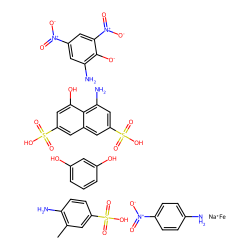Iron, complexes with diazotized 2-amino-4,6-dinitrophenol monosodium salt coupled with diazotized 4-amino-5-hydroxy-2,7-naphthalenedisulfonic acid, diazotized 4-amino-3-methylbenzenesulfonic acid, diazotized 4-nitrobenzenamine and resorcinol structure