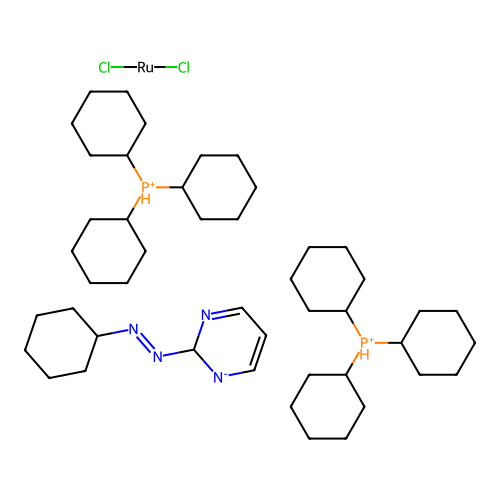 IUPAC: Cyclohexyl-(2H-pyrimidin-2-yl)diazene; Dichlororuthenium; Tricyclohexylphosphanium structure