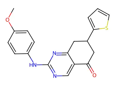 2-[(4-methoxyphenyl)amino]-7-(thiophen-2-yl)-7,8-dihydroquinazolin-5(6H)-one structure