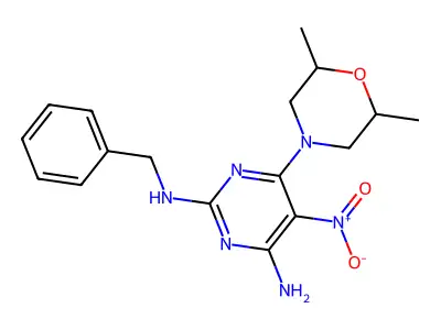 N2-benzyl-6-(2,6-dimethylmorpholino)-5-nitropyrimidine-2,4-diamine structure