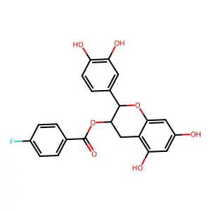 Benzoic acid, 4-fluoro-, 2-(3,4-dihydroxyphenyl)-3,4-dihydro-5,7-dihydroxy-2H-1-benzopyran-3-yl ester, (2R-trans)- structure