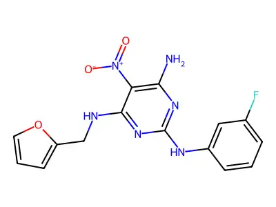 N2-(3-fluorophenyl)-N4-(2-furanylmethyl)-5-nitropyrimidine-2,4,6-triamine structure