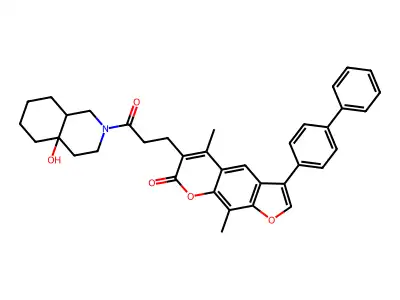 3-([1,1'-biphenyl]-4-yl)-6-(3-(4a-hydroxyoctahydroisoquinolin-2(1H)-yl)-3-oxopropyl)-5,9-dimethyl-7H-furo[3,2-g]chromen-7-one structure