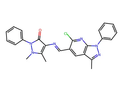 4-[(6-chloro-3-methyl-1-phenylpyrazolo[3,4-b]pyridin-5-yl)methylideneamino]-1,5-dimethyl-2-phenylpyrazol-3-one structure