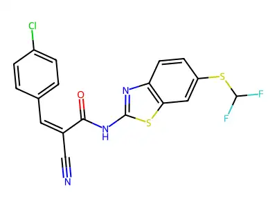 (Z)-3-(4-Chlorophenyl)-2-cyano-N-[6-(difluoromethylsulfanyl)-1,3-benzothiazol-2-yl]prop-2-enamide structure