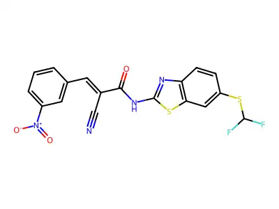 2-cyano-N-[6-(difluoromethylsulfanyl)benzothiazol-2-yl]-3-(3-nitrophenyl)prop-2-enamide structure