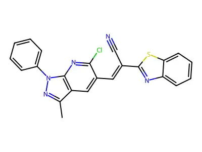(E)-2-(1,3-benzothiazol-2-yl)-3-(6-chloro-3-methyl-1-phenylpyrazolo[3,4-b]pyridin-5-yl)prop-2-enenitrile structure