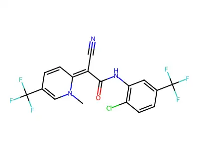 (2Z)-N-[2-chloro-5-(trifluoromethyl)phenyl]-2-cyano-2-[1-methyl-5-(trifluoromethyl)pyridin-2-ylidene]acetamide structure