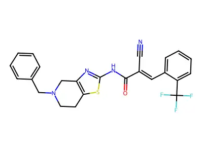 (E)-N-(5-benzyl-6,7-dihydro-4H-[1,3]thiazolo[4,5-c]pyridin-2-yl)-2-cyano-3-[2-(trifluoromethyl)phenyl]prop-2-enamide structure
