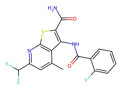 6-(difluoromethyl)-3-[(2-fluorobenzoyl)amino]-4-methylthieno[2,3-b]pyridine-2-carboxamide structure