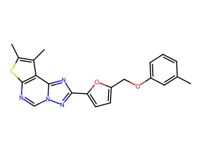 8,9-dimethyl-2-{5-[(3-methylphenoxy)methyl]furan-2-yl}thieno[3,2-e][1,2,4]triazolo[1,5-c]pyrimidine structure