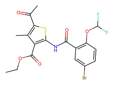 Ethyl 5-acetyl-2-[[5-bromo-2-(difluoromethoxy)benzoyl]amino]-4-methyl-thiophene-3-carboxylate structure
