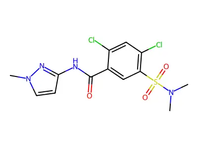 2,4-dichloro-5-(dimethylsulfamoyl)-N-(1-methylpyrazol-3-yl)benzamide structure
