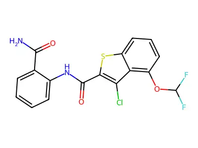 N-(2-carbamoylphenyl)-3-chloro-4-(difluoromethoxy)benzothiophene-2-carboxamide structure
