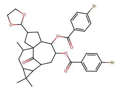 7-(1,3-Dioxolan-2-yl)-1,1,9-trimethyl-11-oxododecahydro-1H-2,8a-methanocyclopenta[a]cyclopropa[e][10]annulene-4,5-diyl bis(4-bromobenzoate) structure