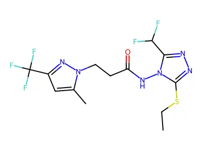 N-[3-(difluoromethyl)-5-(ethylsulfanyl)-4H-1,2,4-triazol-4-yl]-3-[5-methyl-3-(trifluoromethyl)-1H-pyrazol-1-yl]propanamide structure