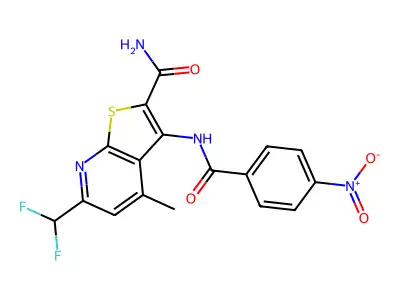 6-(difluoromethyl)-4-methyl-3-[(4-nitrobenzoyl)amino]thieno[2,3-b]pyridine-2-carboxamide structure