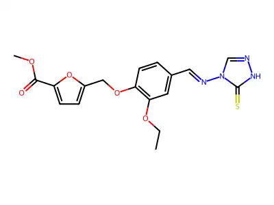 Methyl 5-[(2-ethoxy-4-{[(5-sulfanylidene-1,5-dihydro-4H-1,2,4-triazol-4-yl)imino]methyl}phenoxy)methyl]furan-2-carboxylate structure