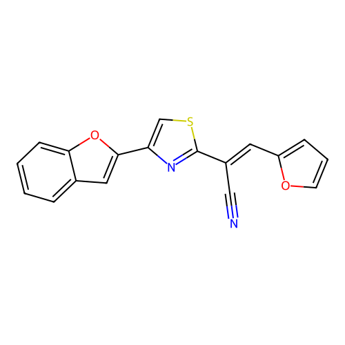 (E)-2-(4-(benzofuran-2-yl)thiazol-2-yl)-3-(furan-2-yl)acrylonitrile structure