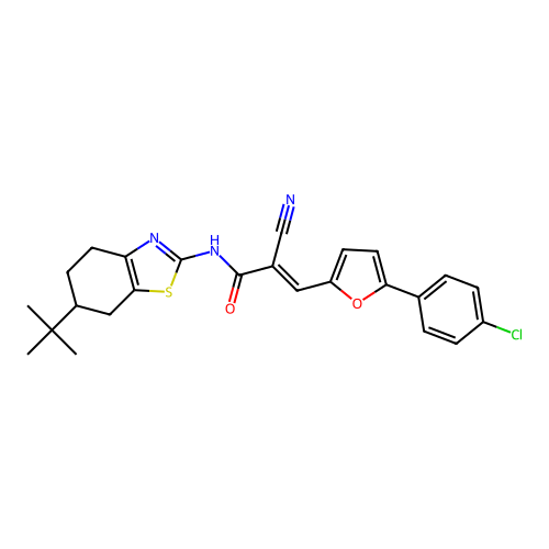 (E)-N-(6-tert-butyl-4,5,6,7-tetrahydro-1,3-benzothiazol-2-yl)-3-[5-(4-chlorophenyl)furan-2-yl]-2-cyanoprop-2-enamide structure