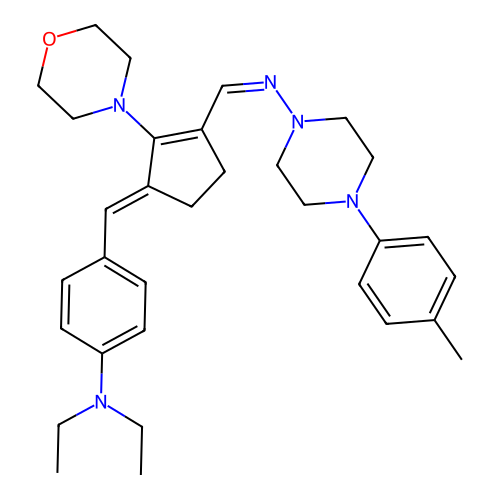 N,N-diethyl-4-[(E)-[3-[(Z)-[4-(4-methylphenyl)piperazin-1-yl]iminomethyl]-2-morpholin-4-ylcyclopent-2-en-1-ylidene]methyl]aniline structure