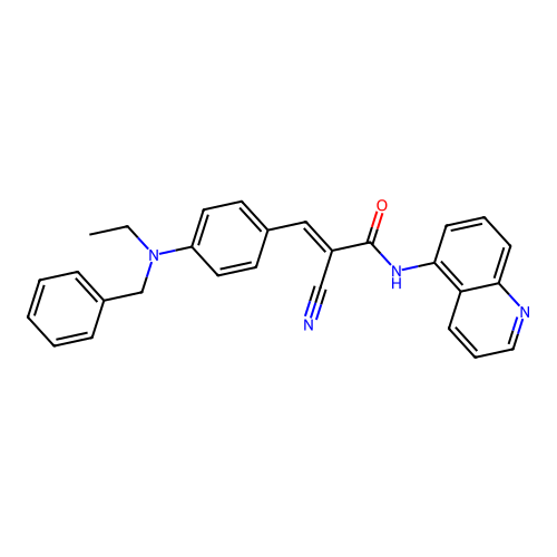 3-{4-[benzyl(ethyl)amino]phenyl}-2-cyano-N-(quinolin-5-yl)prop-2-enamide structure