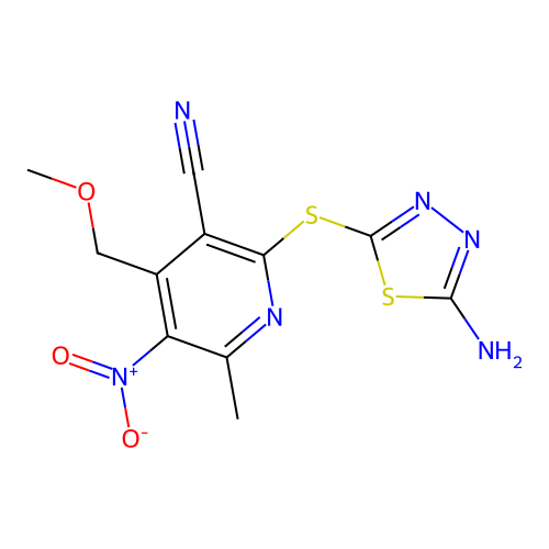 2-[(5-amino-1,3,4-thiadiazol-2-yl)sulfanyl]-4-(methoxymethyl)-6-methyl-5-nitropyridine-3-carbonitrile structure