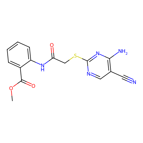 Methyl 2-({[(4-amino-5-cyanopyrimidin-2-yl)sulfanyl]acetyl}amino)benzoate structure