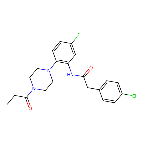 2-(4-chlorophenyl)-N-[5-chloro-2-(4-propanoylpiperazin-1-yl)phenyl]acetamide structure