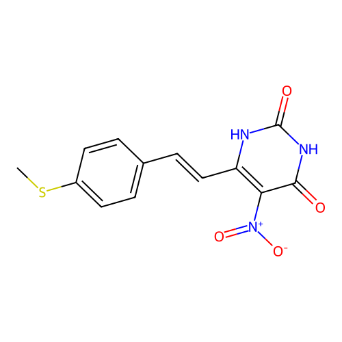 (E)-6-(4-(methylthio)styryl)-5-nitropyrimidine-2,4(1H,3H)-dione structure