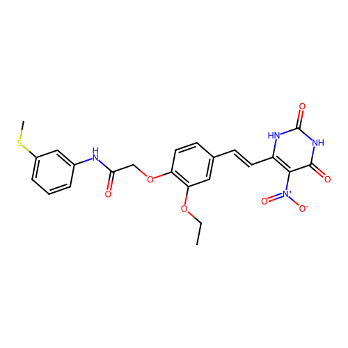 (E)-2-(2-ethoxy-4-(2-(5-nitro-2,6-dioxo-1,2,3,6-tetrahydropyrimidin-4-yl)vinyl)phenoxy)-N-(3-(methylthio)phenyl)acetamide structure