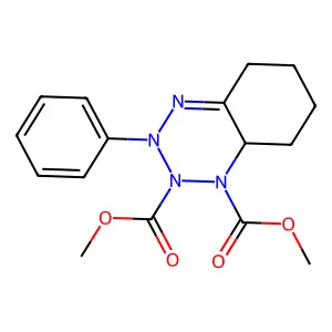 1,2,3,4-Benzotetrazine-1,2-dicarboxylic acid, 3,5,6,7,8,8a-hexahydro-3-phenyl-, dimethyl ester structure