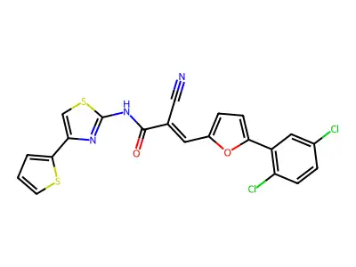 (E)-2-cyano-3-[5-(2,5-dichlorophenyl)furan-2-yl]-N-(4-thiophen-2-yl-1,3-thiazol-2-yl)prop-2-enamide structure