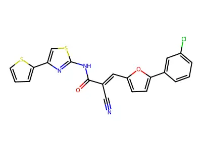(E)-3-[5-(3-chlorophenyl)furan-2-yl]-2-cyano-N-(4-thiophen-2-yl-1,3-thiazol-2-yl)prop-2-enamide structure