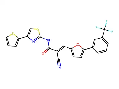 (E)-2-cyano-N-(4-thiophen-2-yl-1,3-thiazol-2-yl)-3-[5-[3-(trifluoromethyl)phenyl]furan-2-yl]prop-2-enamide structure