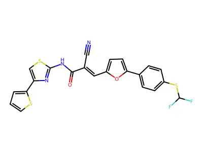 (E)-2-cyano-3-[5-[4-(difluoromethylsulfanyl)phenyl]furan-2-yl]-N-(4-thiophen-2-yl-1,3-thiazol-2-yl)prop-2-enamide structure